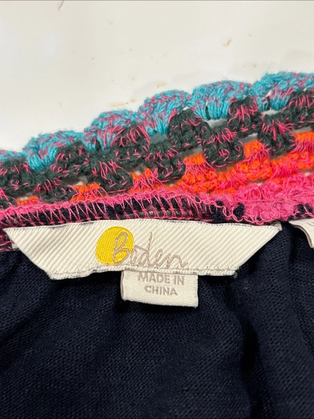 Boden Navy Linen Peasant Top with Crochet-Trimmed Square Neck
